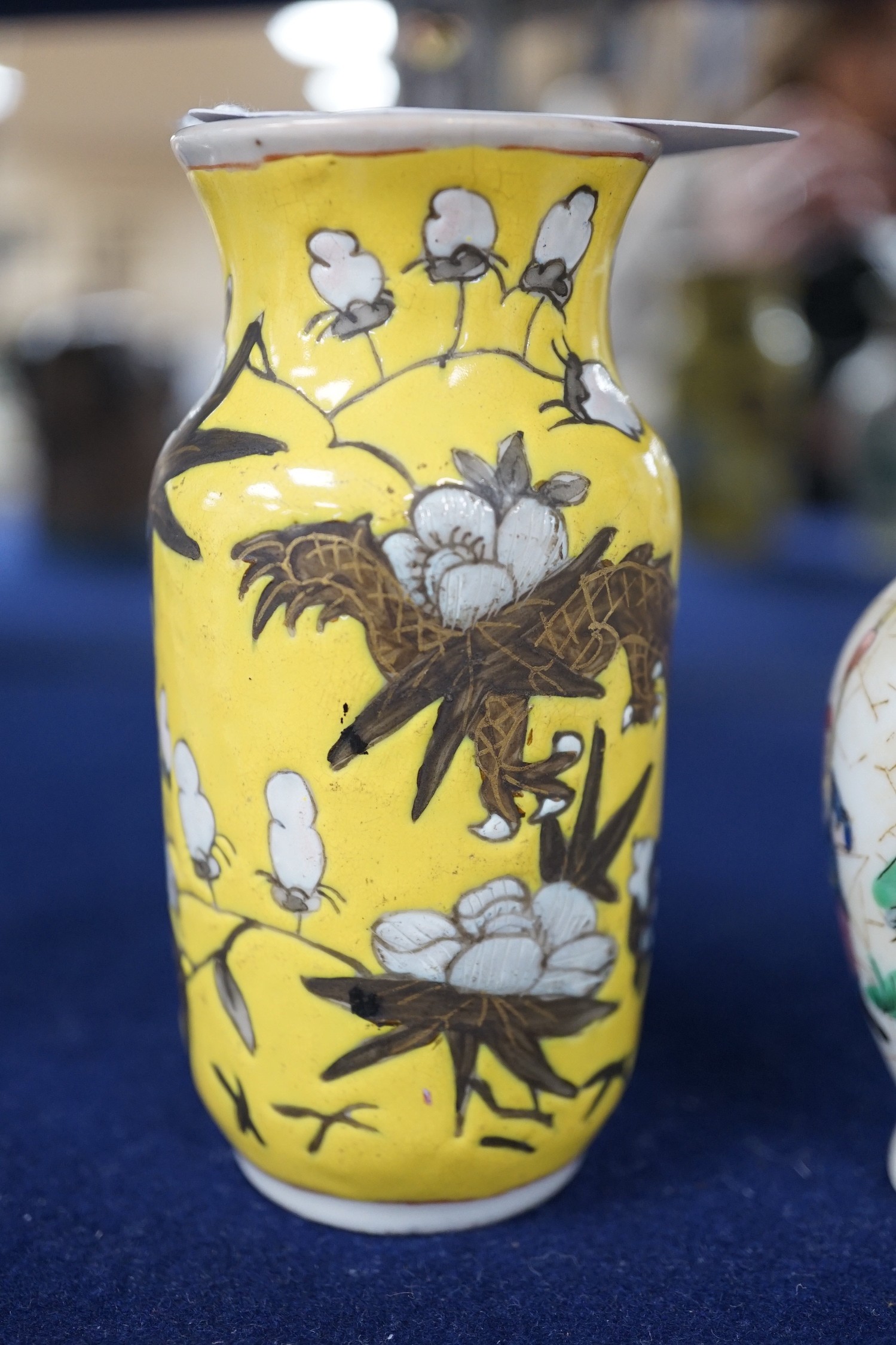 Two 19th century Chinese porcelain small vases and a small famille rose vase, tallest 11cm high